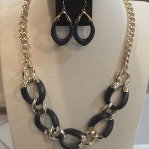 Alexis Bittar Vintage Neo Boho Black and Gold Link Chain Necklace And Earing Set